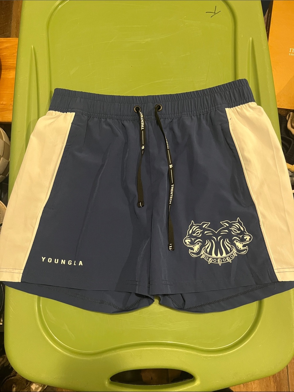 YoungLA Navy and White Athletic Shorts with Dual-Head Graphic